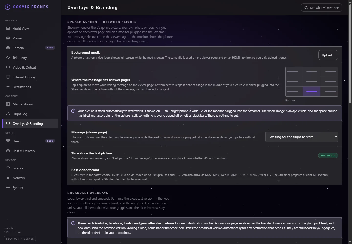 Exact Overlays and Branding page showing standby, logo, lower-third, and proof controls