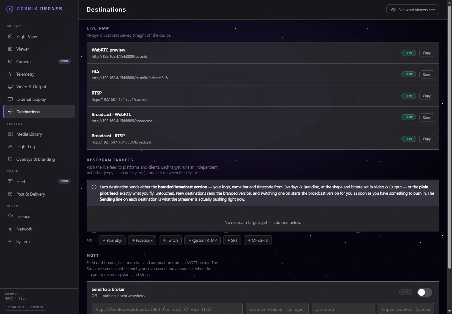 Exact Destinations page with local output addresses and demonstration restream targets