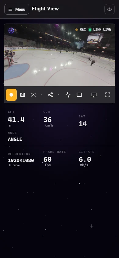 Exact mobile Flight View showing the live picture and docked controls