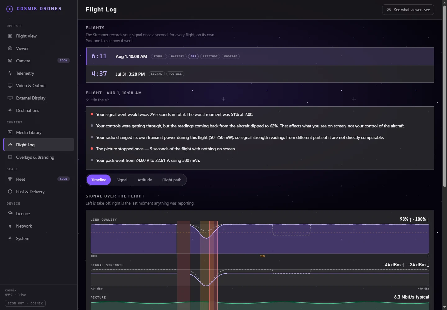 Current Cosmik Streamer Flight Log showing the synchronized timeline