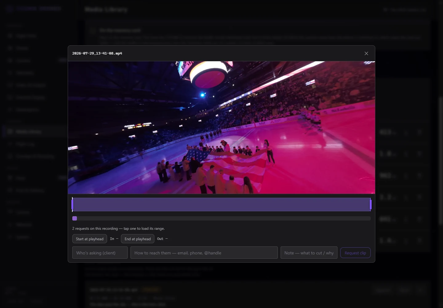 Current clip timeline with an owner-supplied stadium-flight frame