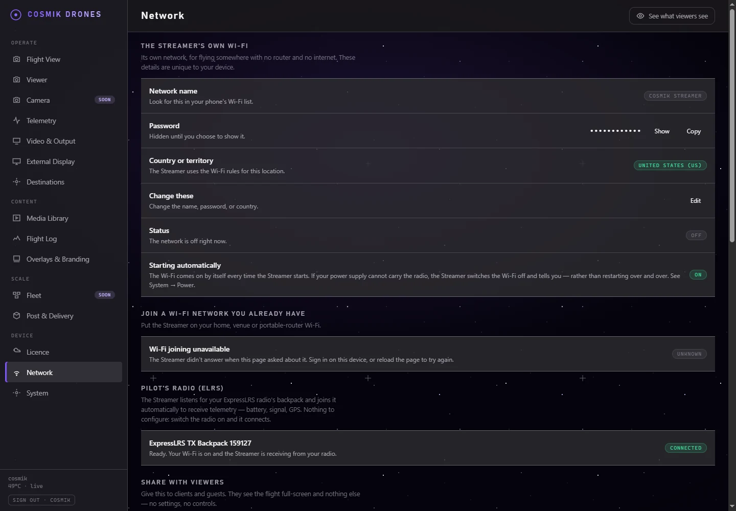 Current Cosmik Streamer Network screen showing its own Wi-Fi, an existing network, ELRS, and viewer addresses