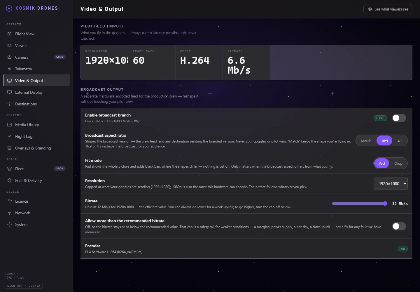 Current Cosmik Streamer Video and Output screen separating pilot input from the hardware-encoded broadcast branch