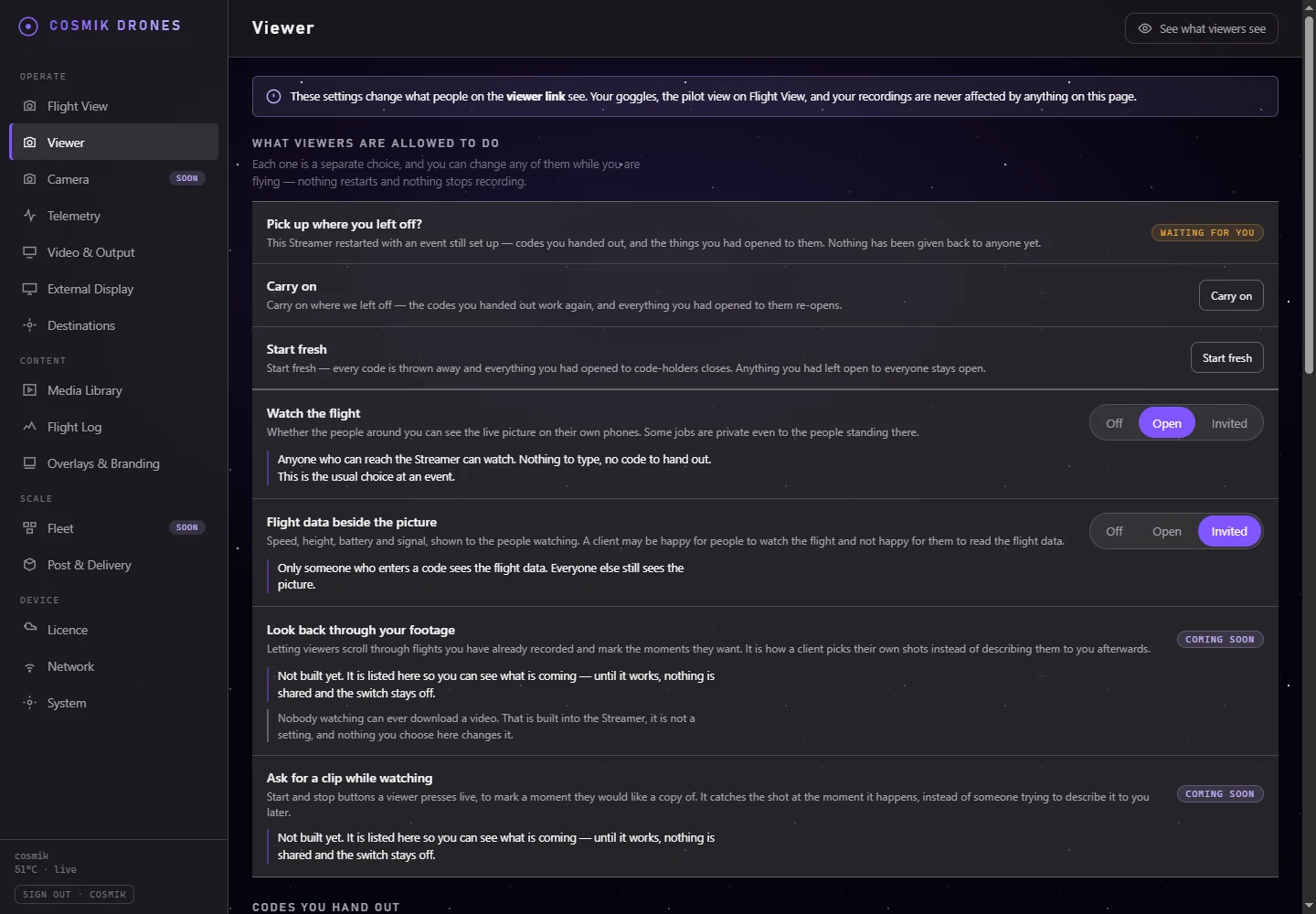 Current Cosmik Streamer Viewer controls showing separate Open and Invited access choices
