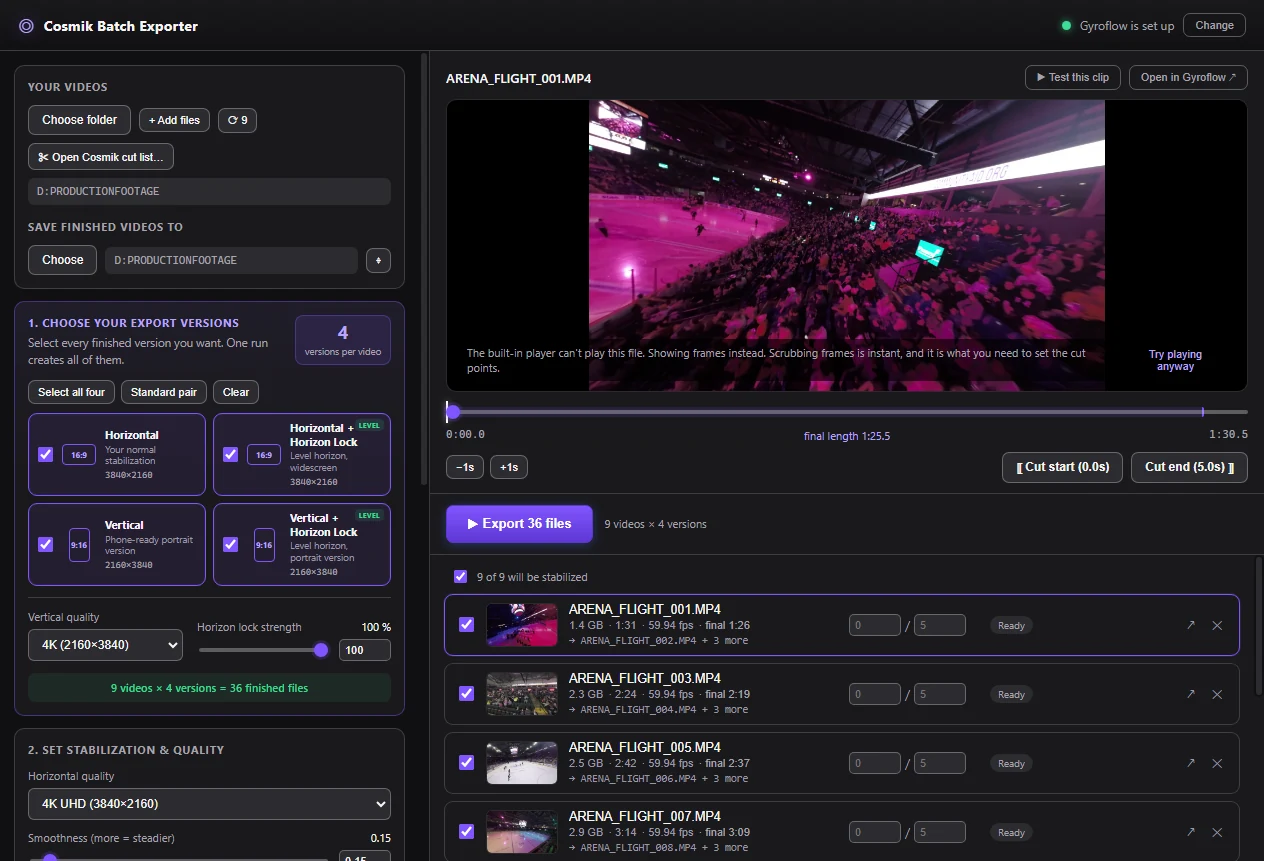 Current Cosmik Batch Exporter interface showing stadium footage, four output versions, trim controls, and the export queue