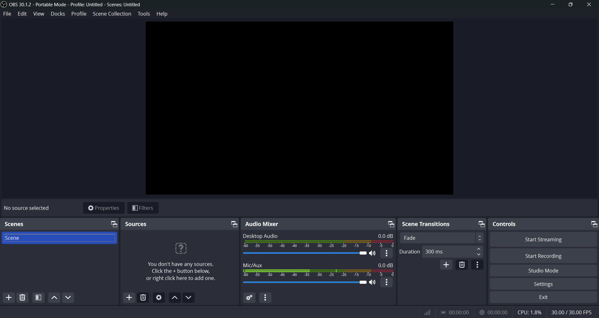 Actual OBS Studio 30.1.2 interface showing the Preview, Scenes, Sources, Audio Mixer, Scene Transitions, and Controls panels