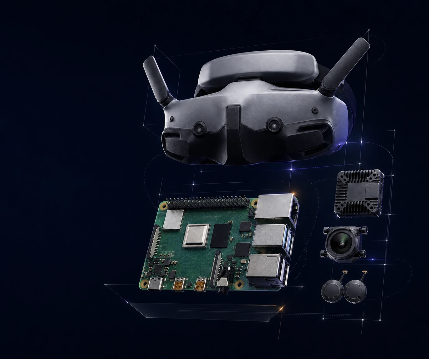 Editorial illustration of a Raspberry Pi 4 Model B, DJI Goggles 3, and DJI O4 Air Unit Pro components